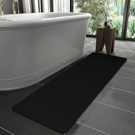 Extra Long Bathroom Rugs Diatomaceous Earth Bath mat Super Absorbent Quick Dry Non Slip Bath Mat Thin Runner Rug Fit Under Door-Shower Rug for in Front of Bathtub Shower, Black, 23.6"x47.2"