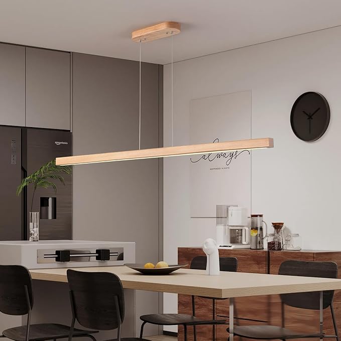 55" Wood Linear Pendant Modern Kitchen Island Light Fixture with Remote Solid Wooden Hanging Ceiling Light Chandeliers for Dining Room Kitchen Pendant Lighting Over Island Natural