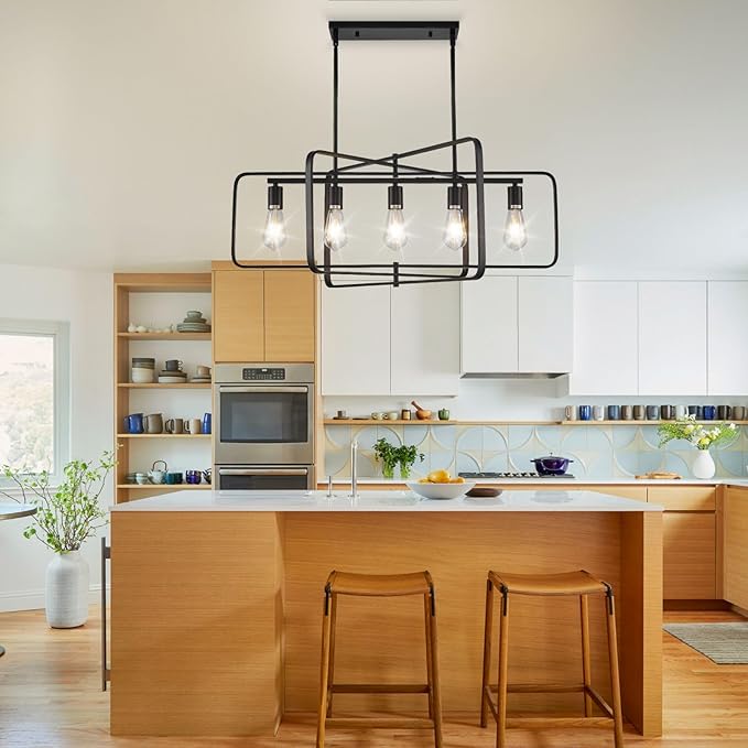 Dining Room Light Fixture/Chandelier Over Table,5-Light Kitchen Island Lighting Hanging for Farmhouse Linear Chandeliers Matte Black Rectangle Rustic Ceiling Pendant Light Fixtures, Height Adjustable