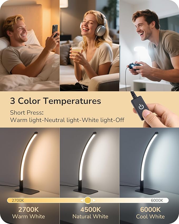 EDISHINE Curved LED Table Lamp, Modern Bedside Lamp with 3 Color Temperature & Stepless Dimming, Aluminum & Iron, Nightstand Lamp for Bedroom, Living Room, Black