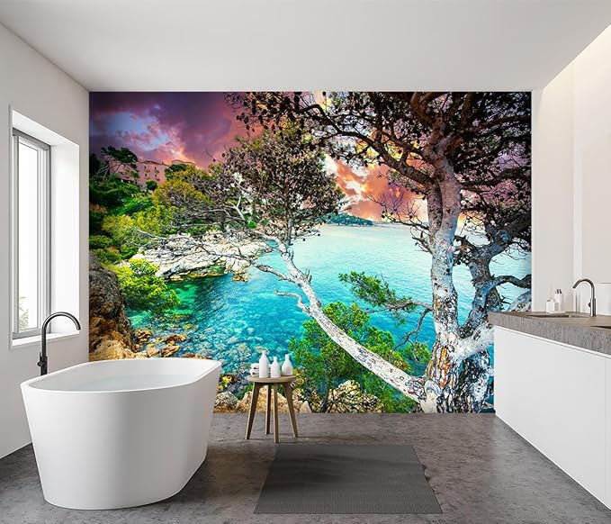 -Summer Sandy Shore Landscapes Fabric Wallpaper Clear Ocean seashores Islands Living Room Bedroom Bathroom Wall Mural- 183"x120"（ not Peel and Stick）