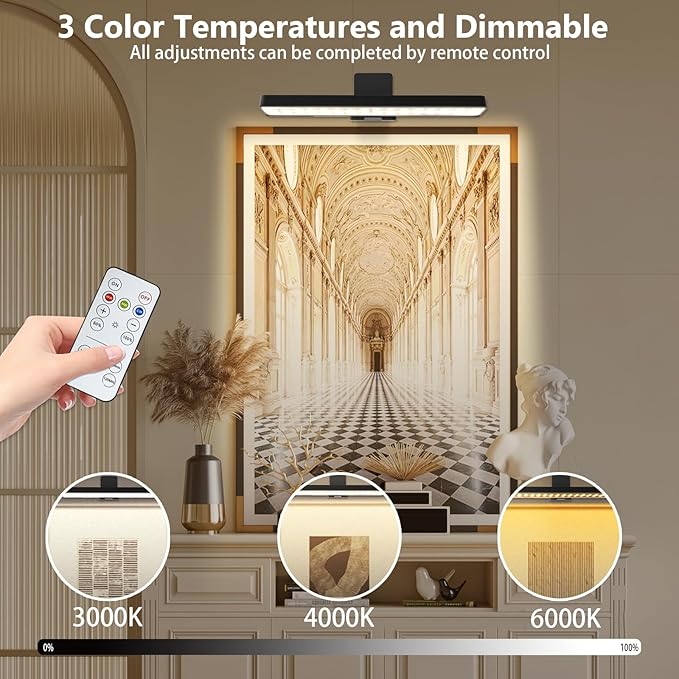 Picture Light Battery Operated with Remote, LED Painting Light for Art with 3 Lighting Colors & Dimmable, LED Art Display Accent Light on Wall for Pictures Dartboard Photo Frame Portrait