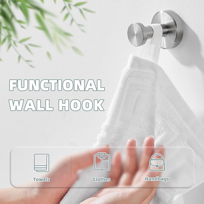APLusee Brushed Nickel Towel Hook, 304 Stainless Steel Robe Hook for Bathroom, Heavy Duty Hand Towel Hanger Wall Mounted
