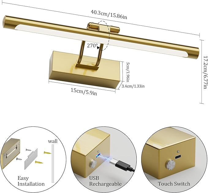 Cordless Picture Light with Remote, Battery Operated Wall Sconce for Artwork, 3 Colors Painting Light Dimmable and Timer, Wireless Art Light for Display (Gold)