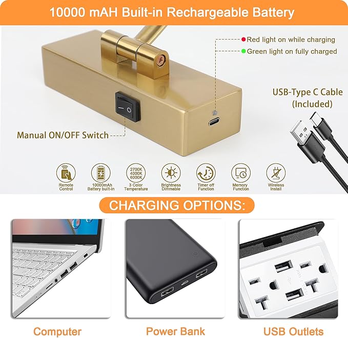 Picture Light Battery Operated with Remote, 3CCT Dimmable Picture Light for Paintings, Brass Rechargeable 24 inch Battery Operated Wall Sconce for Art Lighting Gallery Portrait Artwork