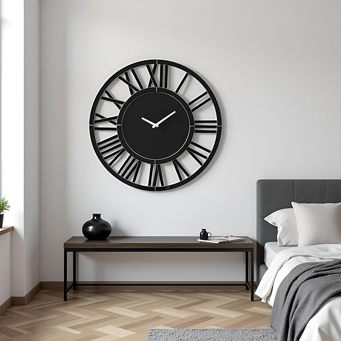SHYFOY 32" Modern Black Mirror Finish Wall Clock with Roman Numerals – Silent, Non-Ticking – Decorative Wall Clock for Living Room, Bedroom, Office