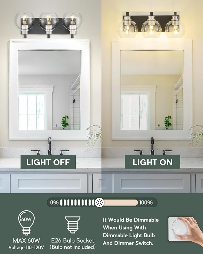 Bathroom Light Fixtures, 3-Light Black and Brushed Nickel Bathroom Vanity Light, Modern Wall Sconces with Globe Clear Glass Shade, Vanity Lighting Fixtures Over Mirror, VL195-KN-3