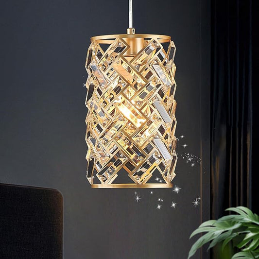 1-Light Gold Crystal Pendant Light, Mini Ceiling Hanging Light Fixture with K9 Prisms for Kitchen Island, Bathroom, Bedroom, or Bar