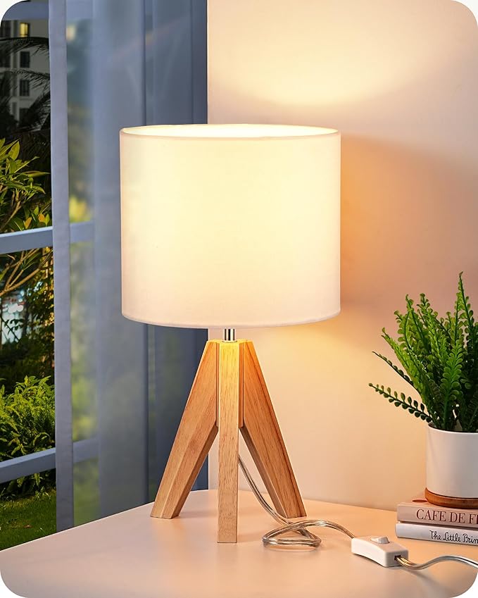 EDISHINE Small Cute Table Lamp, Wood Tripod Nightstand Lamp, Mid Century Bedside Lamp with Linen Fabric Shade for Nursery, Living Room, Bedroom, End Table, UL Listed, 14.2 Inch, ON/Off Switch