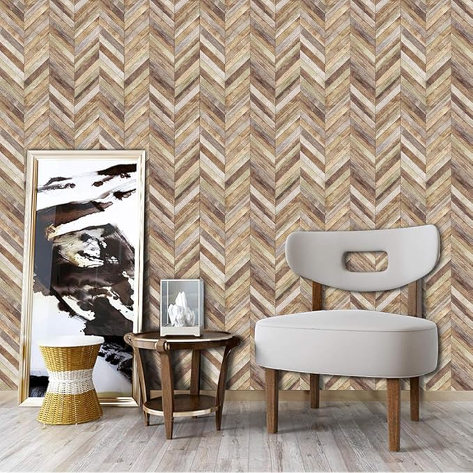 Handpainting Peel and Stick Wallpaper Herringbone Wood Panel Self-Adhesive Prepasted Wallpaper Wall Mural 17.7in x 9.8ft