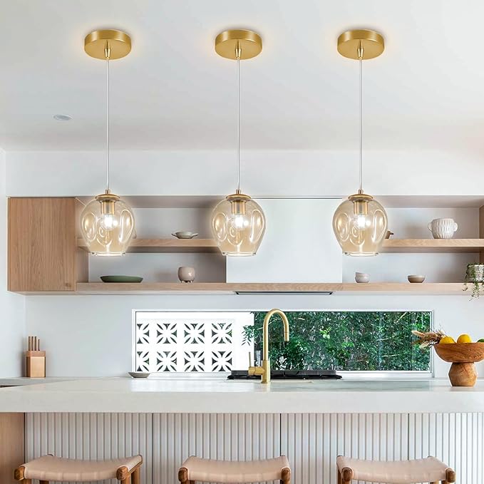 1-Light Hanging Light Fixtures Pendant Lights Kitchen Island Hand Blown Modern Glass Chandelier for Living Room Coffee Bar (Gold+Amber)