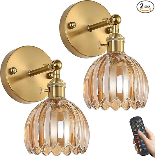 Battery Operated Wall Sconce Set of 2 with Amber Floral Glass Shade Vintage Wireless Wall Light with Remote Control for, Living Room, Bedroom, Dressing Table and Bathroom Timer/Memory Function/Dimmer