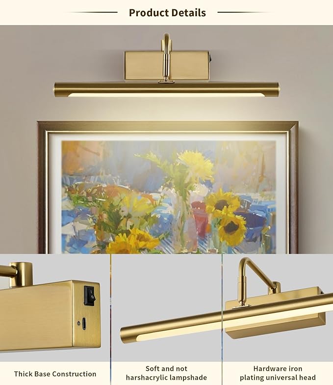 Joosenhouse Battery Operated Picture Light Wireless Gallery Lights 5000mAh Rechargeable Wall Light with Remote Control Dimmable and Timer Off 15Inch Brass Color