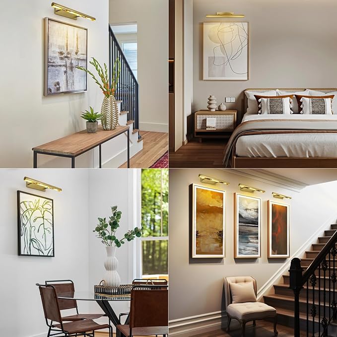 Brass Picture Lights for Wall, 30" Linear Picture Light Hardwired, 4-Light Brush Gold Art Light, Dimmable Gallery Light for Paintings, Warm White 270° Picture Frame Lights for Bathroom, Living Room