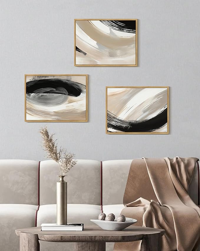 KUVIOKE Modern Abstract Framed Wall Art Black Neutral Minimalist Ink and Wash Graffiti Pastel Wall Decor for Bedroom Living Room 11x14in (Natural Framed)