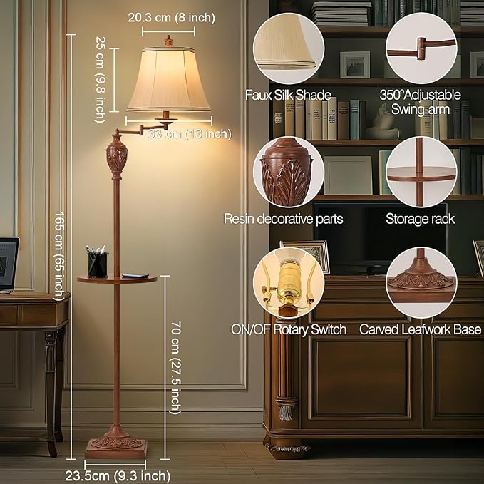 Traditional LED Floor Lamp with 350° Adjustable Swing Arm Lamp – Vintage Standing Pole lamp for Living Room, Bedroom and Office – Rustic Upright Floor Light for Home Décor with Silk Fabric Shade