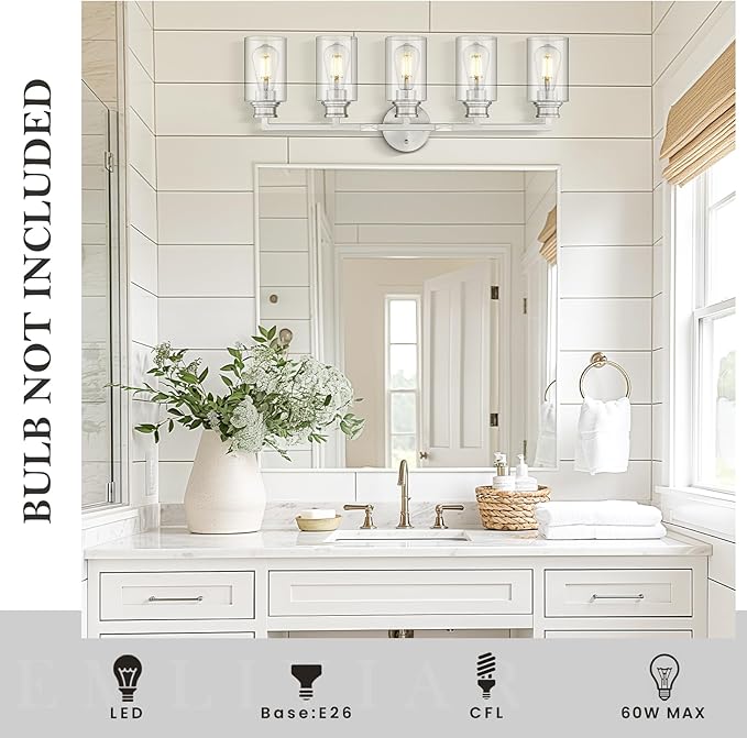 Emliviar 5-Light Brushed Nickel Vanity Light for Bathroom, Modern Vanity Sconce Over Mirror with Clear Glass Shade, YCE253B-5W BN