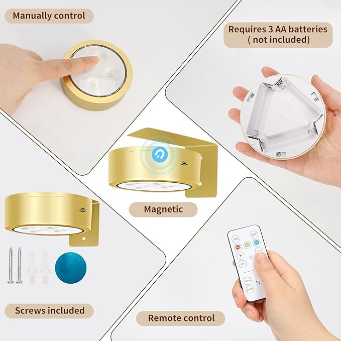 TTQ 4 PCS Magnetic Picture Lights for Wall Battery Operated,Wall Painting Light with Wireless Control,Art Display Light,Wall Decor Puck Lights for Picture Frame Portrait Artworking