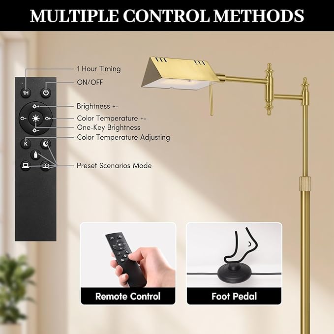 Dimmable Pharmacy Floor Lamp with Remote, 15W LED Reading Floor Lamp with 360°Swing Arm, 3 Color Temperature, Height Adjustable Gold Standing Task Lamp for Living Room, Bedroom, Office, Antique Brass