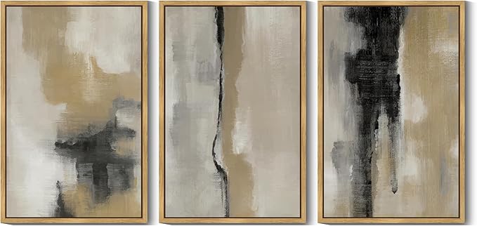 KUVIOKE Black Abstract Framed Wall Art Neutral Graffiti Pastel Minimalist Wall Decor Modern Art Painting for Bedroom Living Room 24x36in (Natural Framed)