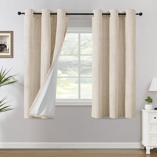 H.VERSAILTEX Chenille Linen Blackout Curtains for Bedroom Thermal Insulated Textured Linen Look Curtains with White Flocking Coating Back, 42" W x 63" L, Heathered Bleached Sand(Not Solid)
