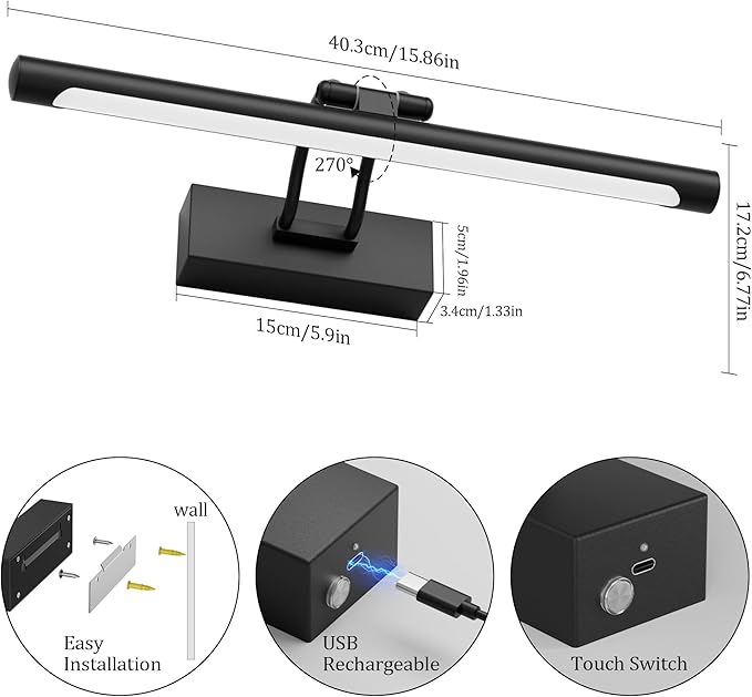 Cordless Picture Light with Remote, Battery Operated Wall Sconce for Artwork, 3 Colors Painting Light Dimmable and Timer, Wireless Art Light for Display (Black)