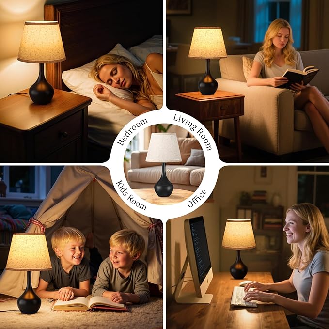 Seealle Touch Table Lamps for Bedroom Set of 2,3-Way Dimmable Small Bedside Lamps for Night Stands with Wires, Black Desk Lamps for Kids Room,Office,Living Room, End Table(LED Bulbs Included)