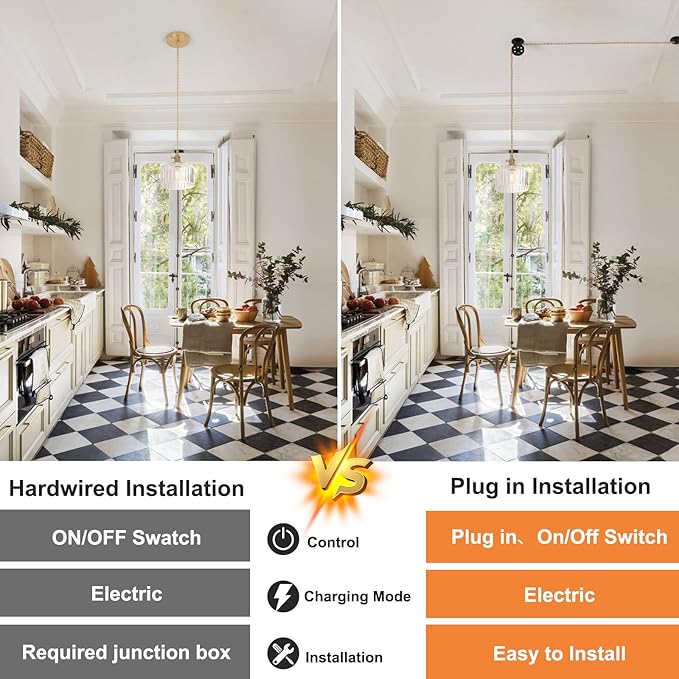 Plug in Pendant Light Hanging Light Fixture Corded On/Off Switch Brass Pendant Light with Clear Striped Glass Lampshade for Bedroom Living Room Kitchen Island