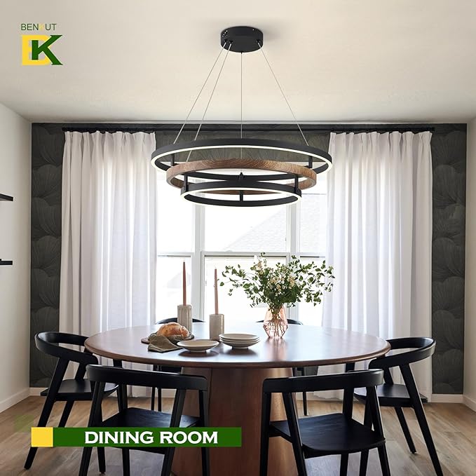 3 Rings Modern LED Chandelier Black Dimmable Circular Pendant Light for Dining Room, Foyer Chandelier with Remote Control Flush Mount High Ceiling Light for Kitchen Living Room, D30.7In