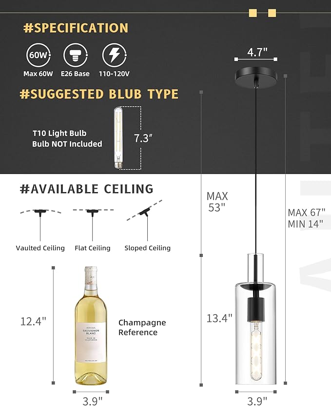 AUTELO 2 Pack Pendant Lights Kitchen Island, Modern Pendant Lights in Black Metal Finish, Black Pendant Light Fixtures, Cylinder Glass Hanging Lamp, Kitchen Pendant Lighting over Island, H3875 BK-M-2P