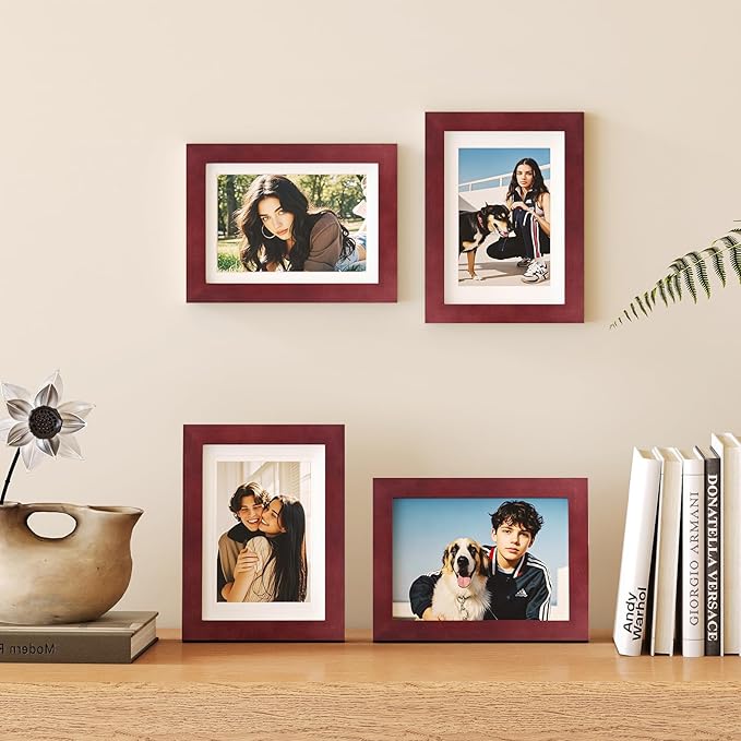 Egofine 5x7 Picture Frames 4 Pack Covered by Plexiglass for Picture 4x6 with Mat or 5x7 whitout Mat Made of Solid Wood for Table Top Display and Wall Mounting Photo Frame, Cherry Red