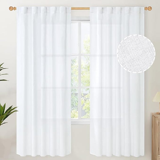 YoungsTex White Linen Semi Sheer Curtains 72 Inch Length 2 Panels for Living Room, Light Filtering Drapes Lightweight Window Treatments with Rod Pocket Back Tab for Bedroom, 42 X 72 Inch