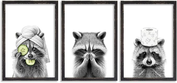 Adorable Raccoon Bathroom Wall Art Decor Set of 3 16x11 Inch Modern Funny Bathroom Sign Wood Framed Rustic Farmhouse Interestring Washroom Animal Prints Wall Hanging (Black)