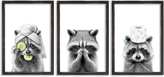 Adorable Raccoon Bathroom Wall Art Decor Set of 3 16x11 Inch Modern Funny Bathroom Sign Wood Framed Rustic Farmhouse Interestring Washroom Animal Prints Wall Hanging (Black)