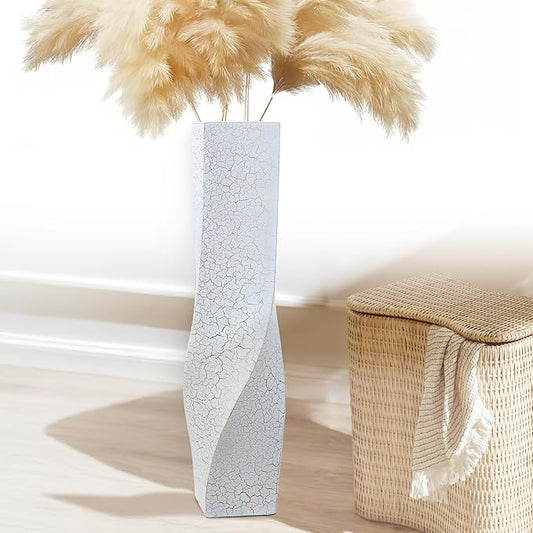 Tall Vases On Floor, 23.62" Twisted Geometric Flower Vase for Home, Living Room, Flower Centerpieces, Shelf, Table, Decor, White Crackle Vase