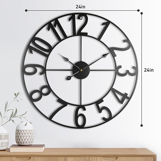 24-Inch(60CM) Large Wall Clocks for Living Room Decor, Silent Non Ticking Battery Operated, Decorative Analog Metal Indoor for Kitchen, Bedroom, Office Decor