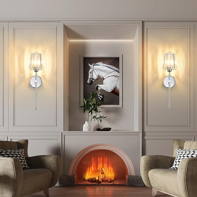 Crystal Wall Sconces Set of 2, Dimmable Wall Sconce with Plug in Cord and Dimmer Chrome Plug in Wall Lamp Wall Mounted Light with Crystal Shade for Living Room Bedroom Vanity Light, Bulbs Included