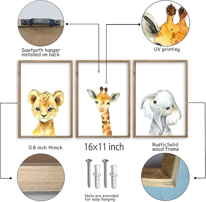 Baby Safari Nursery Wall Art Decor 11x16 Inch Set of 3 Wood Framed Cute Animal Giraffe Elephant Lion Prints Sign Kids Boys Girls Room Bedroom Jungle Animal Pictures Wall Hanging (Wood)