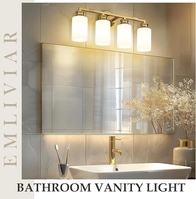 Emliviar 4-Light Gold Bathroom Light Fixtures, Modern Vanity Light with Milk White Glass, Brushed Brass Wall Sconce Over Mirror, YCE253B-4W BG