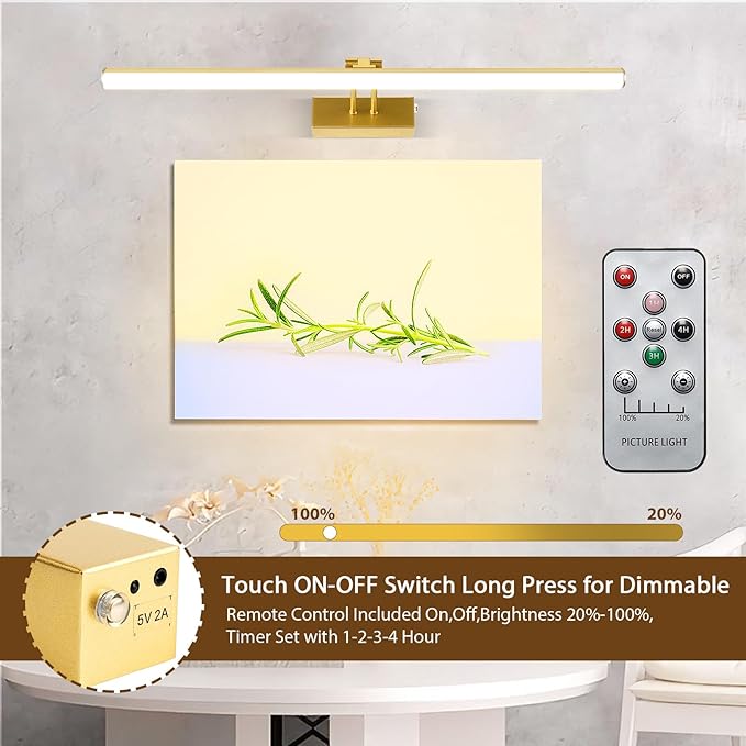 Picture Light, 20inches Dimmable LED Battery Operated Picture Light for Wall Art, Easy Installation, Gallery Lighting for Paintings & Artwork (Gold)