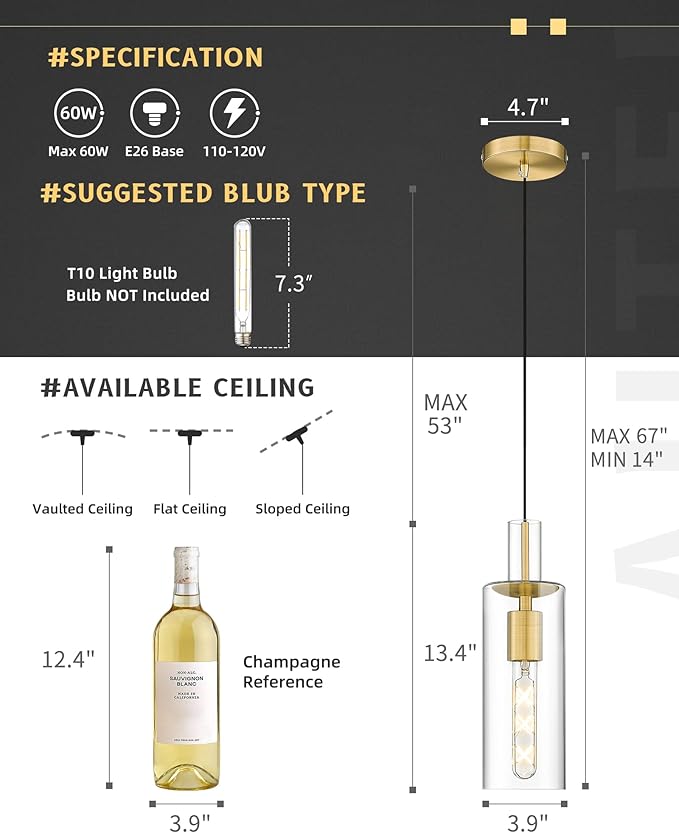 AUTELO Gold Pendant Lights - Glass Pendant Light Fixtures, Vintage Hanging Lamp in Brushed Gold Metal Finish with Clear Linear Glass, Kitchen Pendant Lighting Over Island for Dining Room, H3875 BG-M