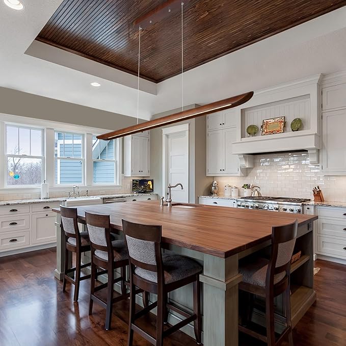 39" Wood Linear Pendant Light Modern Dimmable Kitchen Island Lighting with Remote 24W LED Island Lights Adjustable Linear Chandelier for Dinning Room Light Fixture, Bar, Pool Table Light Walnut Color