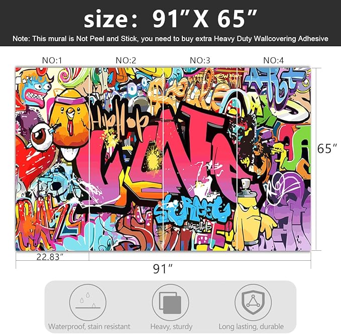 -Street Art Graffiti Wallpaper Fabric Wallpaper Living Room Bedroom Bathroom Boys Girls Children's Room Abstract Large Wall Mural- 91"x65"（ not Peel and Stick）
