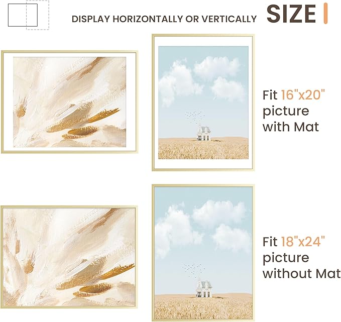 18x24 Metal Picture Frames with Mat for 16x20 Photo, 18x24 Poster Frame, Aluminum Photo Frame Set of 2, High Definition Plexiglass, Wall Decor or Tabletop Display, Golden