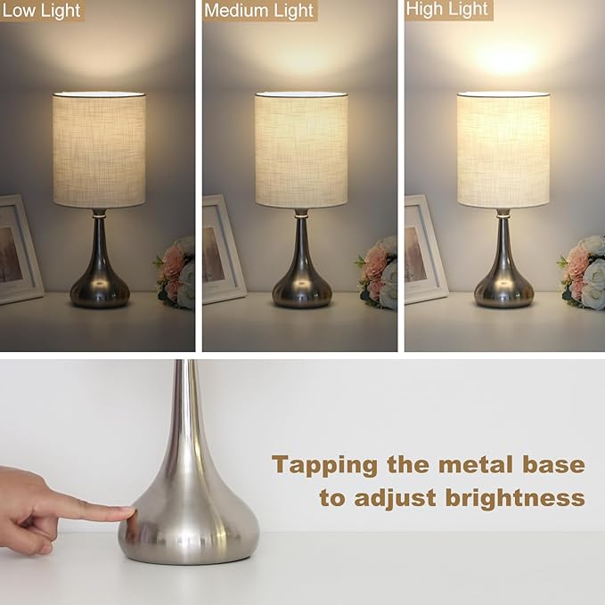Boncoo Touch Control Table Lamp, 3 Way Dimmable Simple Night Light Lamp with White Lampshade Silver Metal Base, Small Bedside Table Lamp for Bedroom, Office, Dorm, A19 9W 3000K Bulb Included