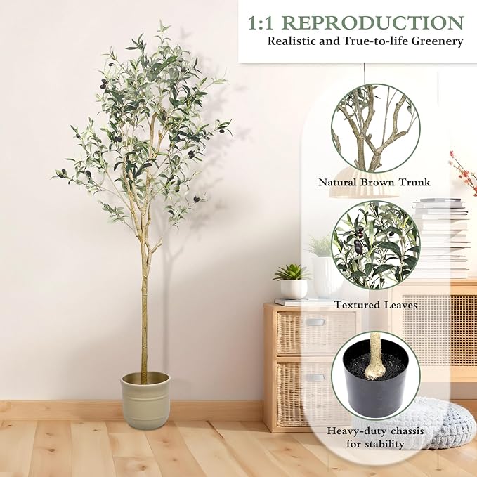 Artificial Olive Tree 6 ft, 71 Inch Faux Olive Tree with White Planter, Natural Olive Branches and Realistic Leaves for Modern Home Office Living Room Floor Decor