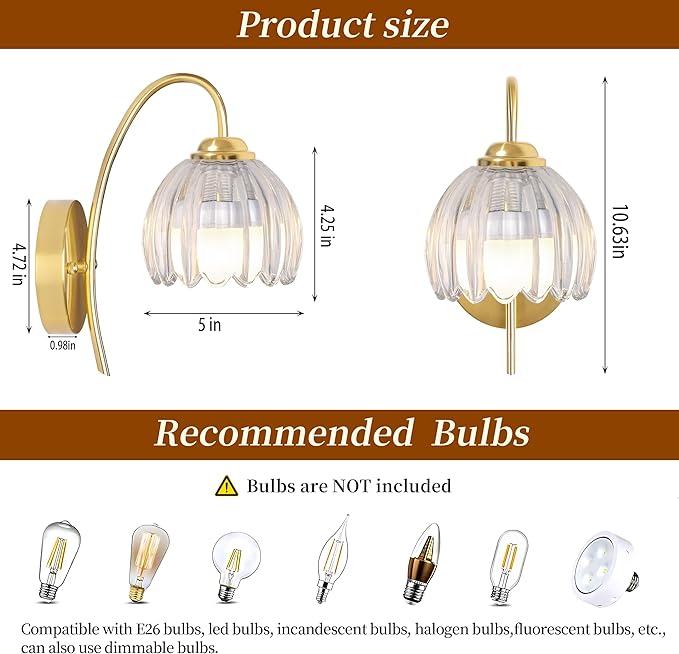 Vintage Battery Operated Wall Sconce with Flower lampshade,Rechargeable Battery Powered Wall Lights,Wall lamp with 15 Colors for Bedroom Living Room Home Decor (Clear Tulip, 2 Light Battery Operated)