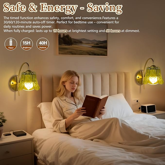 Vintage Battery Operated Wall Sconce with Flower lampshade,Rechargeable Battery Powered Wall Lights,Wall lamp with 15 Colors for Bedroom Living Room Home Decor (Green Rose, 2 Light Battery Operated)