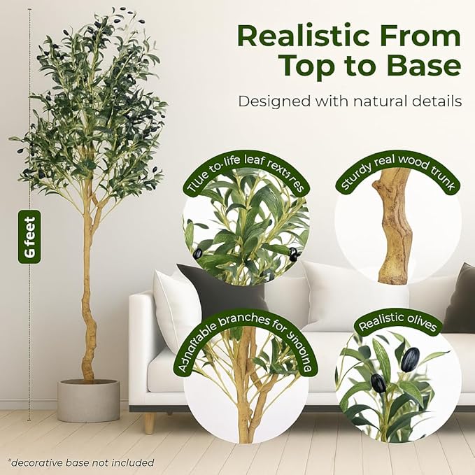 Artificial Olive Tree - 6ft Realistic Artificial Plants Indoor Decor - Elegant Faux Olive Tree for Living Room, Bedroom, Bathroom, Office - Tall Fake Potted Plants with Moss Base for Chic Home Décor