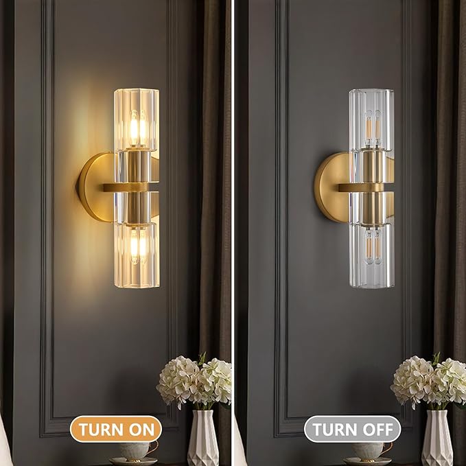 Crystal Wall Sconces Set of Two, 13" Modern Brass Sconces Lighting with K9 Crystal Lampshade,Indoor Wall Sconce Bedroom Wall Light Fixtures for Living Room Bathroom Hallway Stairs Entryway